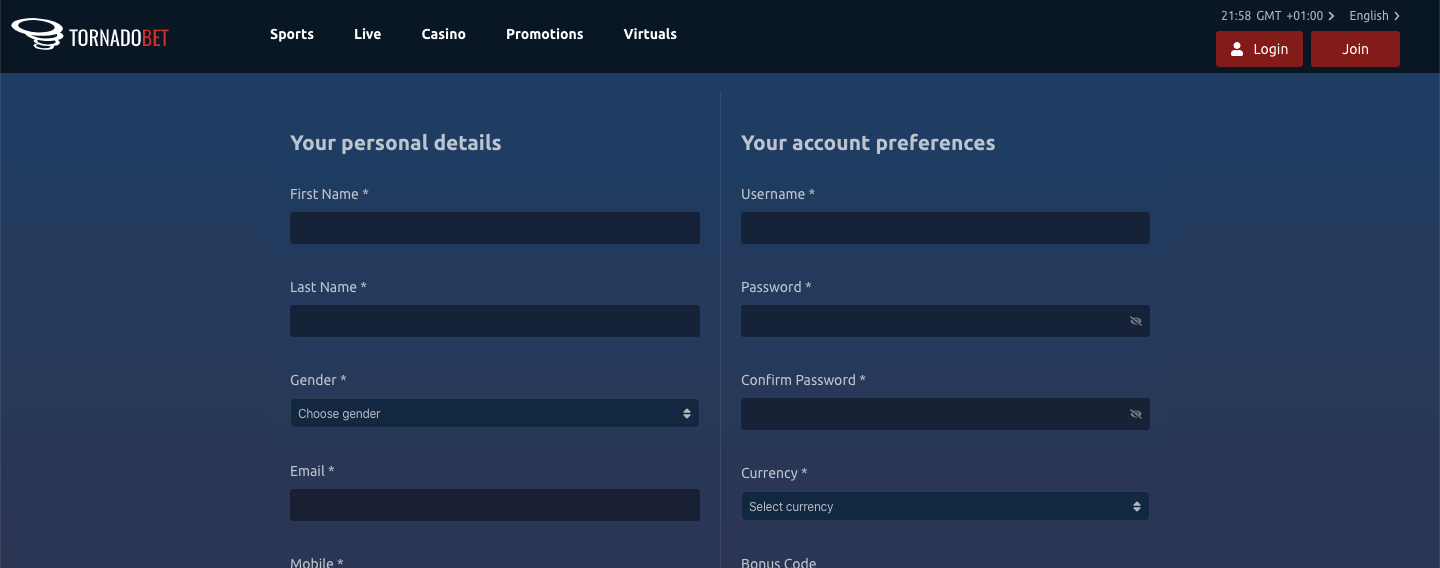 tornadobet registration